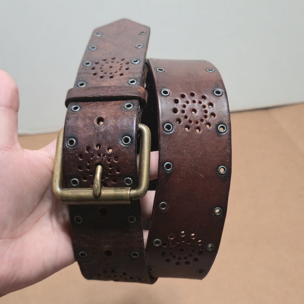 American Eagle Womens Brown Genuine Leather Belt Perforated Floral Cutout Size S